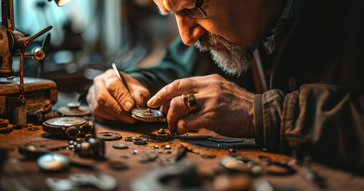 szereg różnych narzędzi zegarmistrzowskich ułożonych na niebieskim materiale