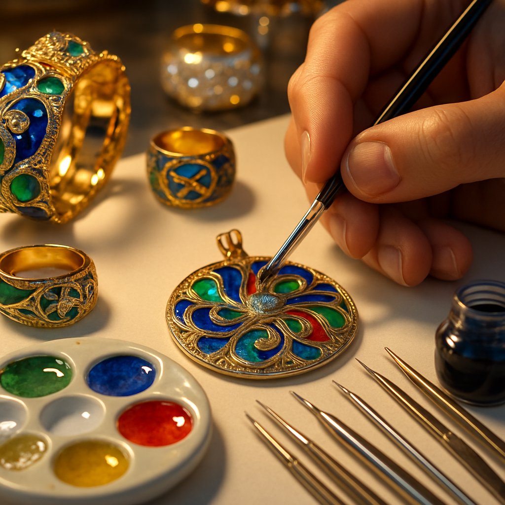 Delikatny naszyjnik ze złota z rubinami i szmaragdami na białym aksamitnym tle