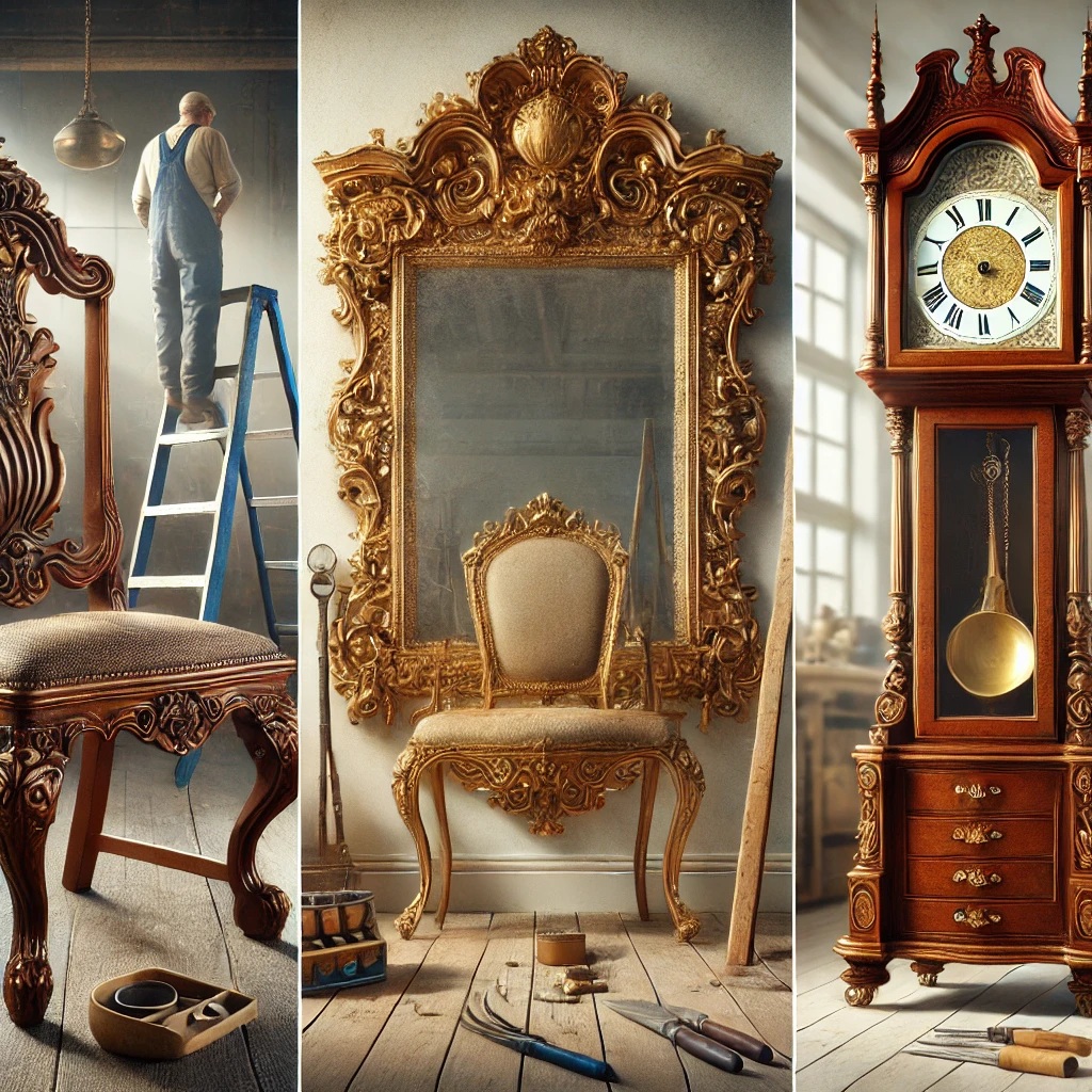 po renowacji lśniące antyczne krzesło z odnowioną tapicerką i gładkim lakierem