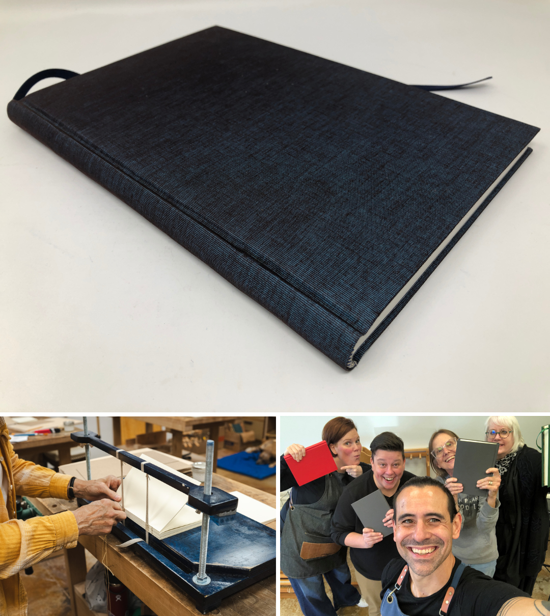 Drewniana prasa introligatorska zaciskająca stos książek z widocznymi metalowymi śrubami